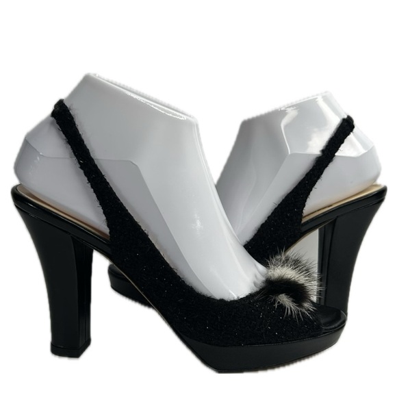 KATE SPADE Galore Black Boucle Tweed Mink Fur Bow Slingback Peep‎ Toe Heels Pump - Picture 3 of 17